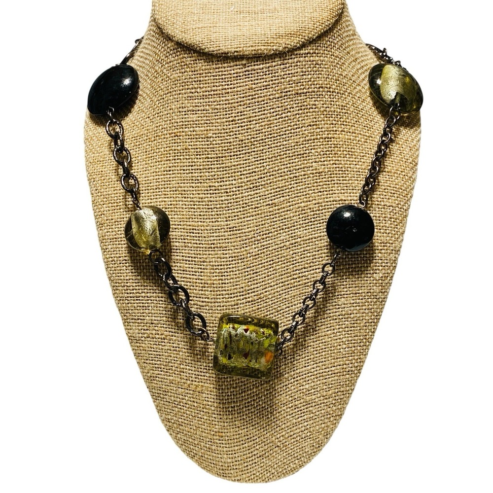 Gunmetal Tone Asymmetrical Link Chain Collar Glass Resin Statement Necklace 16"